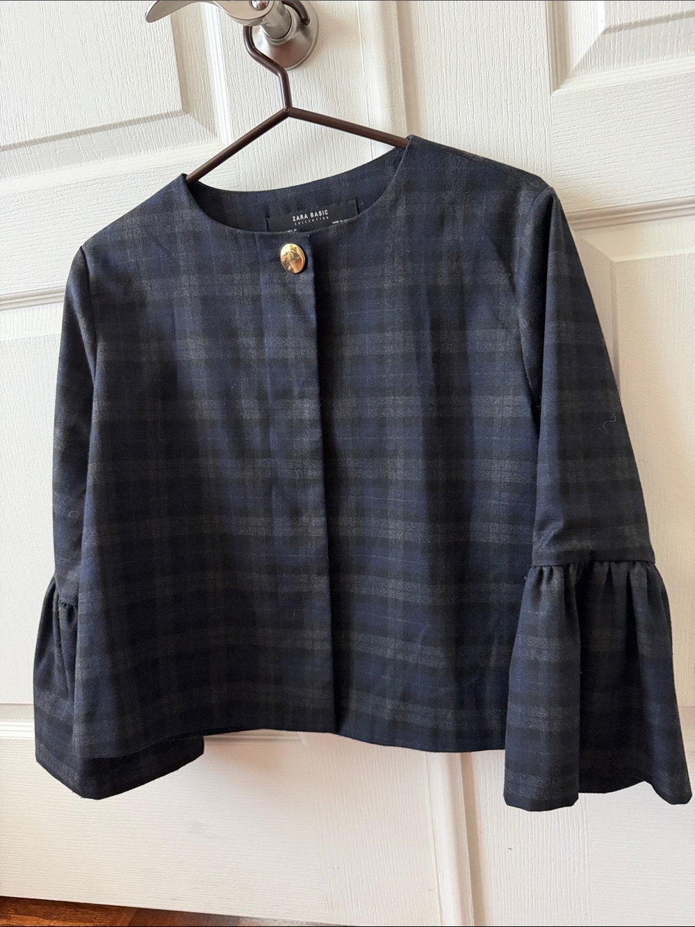 Zara Navy and Black Plaid Cropped Jacket with Bell Sleeves